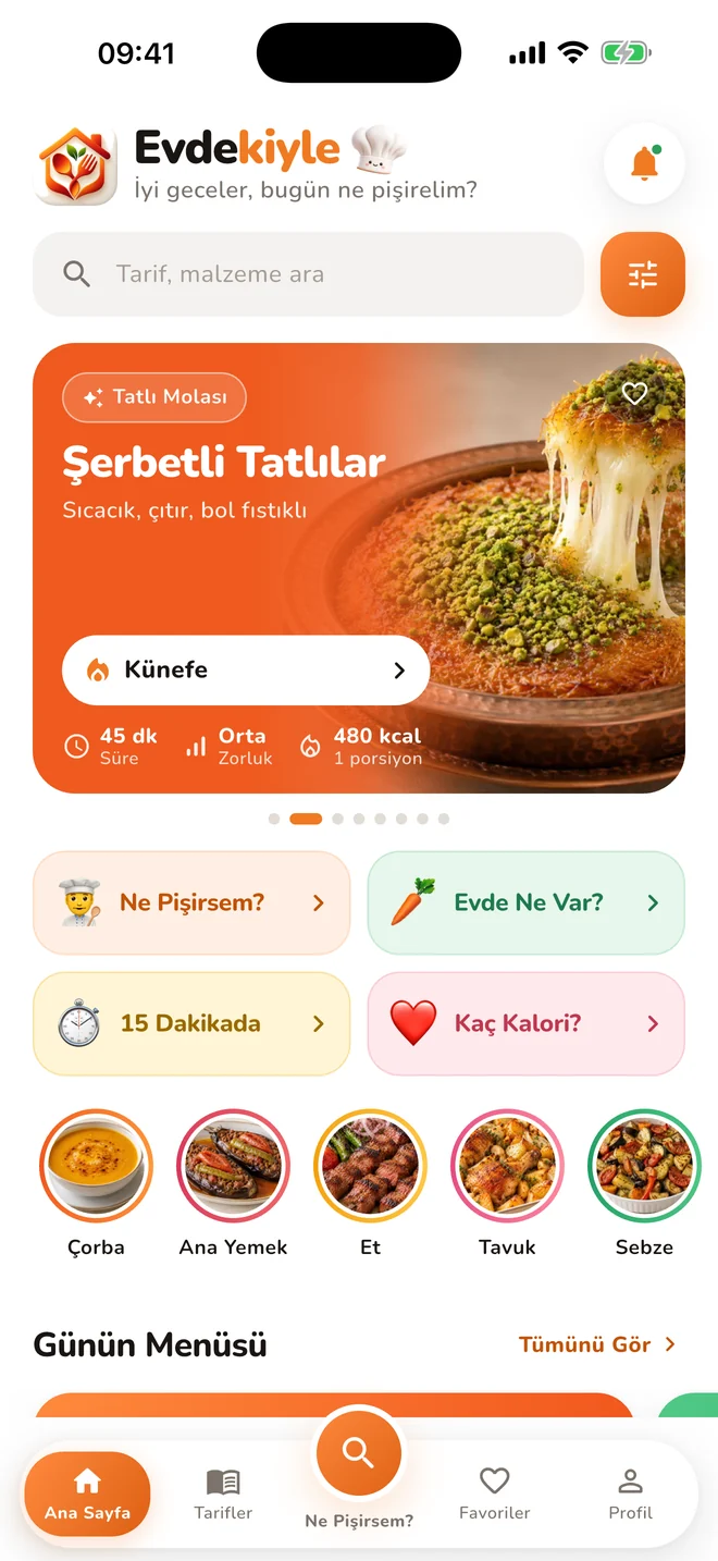 Evdekiyle uygulamasının ana ekranı: tarif afişi, Ne Pişirsem ve Evde Ne Var kısayolları, kategoriler.